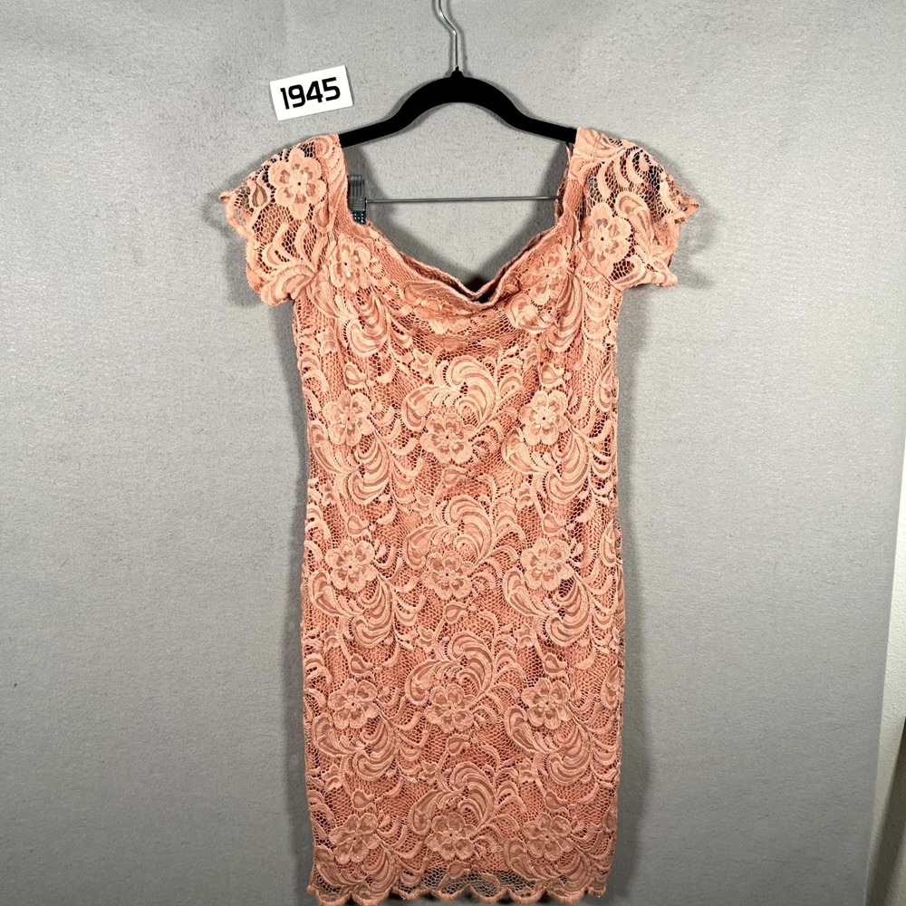 Ambiance Mini Bodycon Dress Womens L Pink Floral Lace Nylon Stretch Round Neck